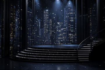 A sleek black stage with elegant staircases, shimmering city dynamic lighting, and dramatic shadow effects, creating a sophisticated and luxurious atmosphere.