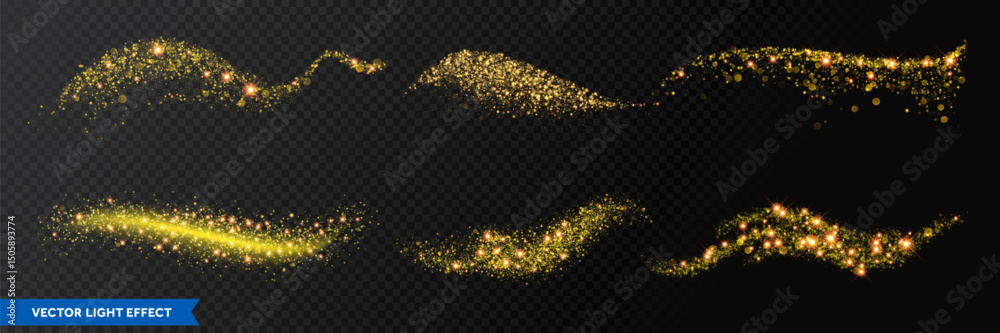 Poster vector gold dust sparkle trail of glitter particle. abstract glow magic trail isolated on a transpar