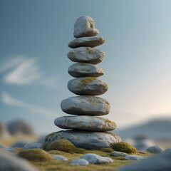 The tower, a symbol of unity and harmony in nature, is formed by stacking stones on top of each other.
