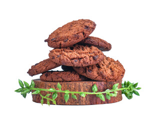 Close-up of crispy chocolate cookies placed on wooden base decorated with plastic leaf, suitable for food advertisement. Isolated on White Background