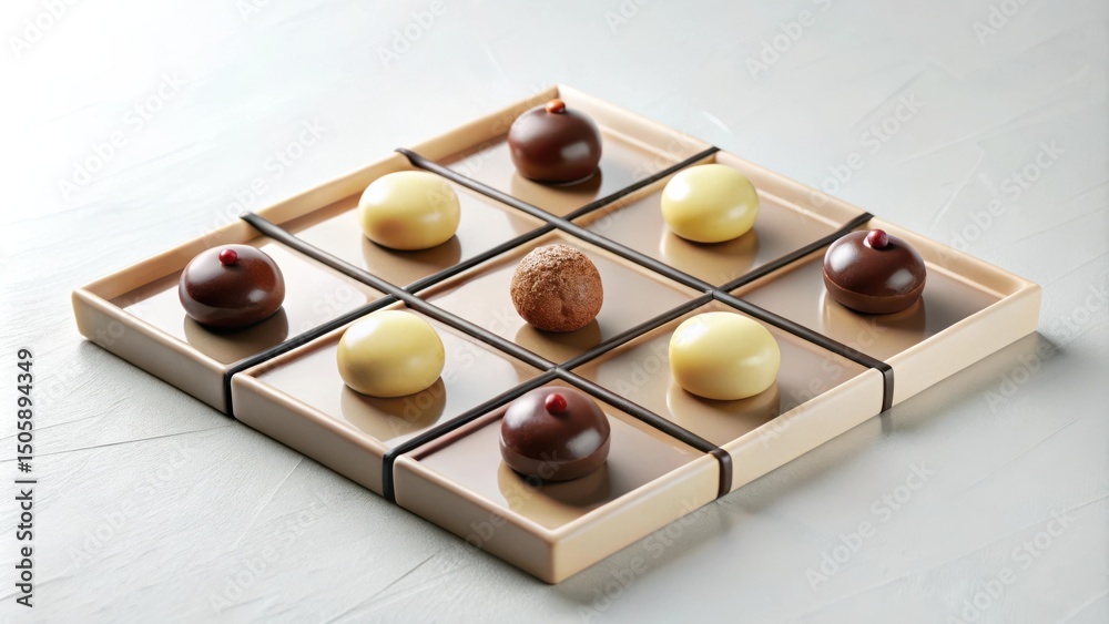 Poster a tic-tac-toe game played with chocolate truffles, featuring both dark and white chocolate with a un
