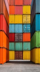 Fototapeta premium Colorful Cargo Containers Stacked in a Shipping Yard During Daytime.