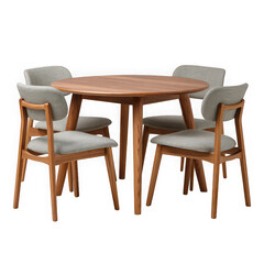 Round wooden dining table with four chairs isolated on transparent background