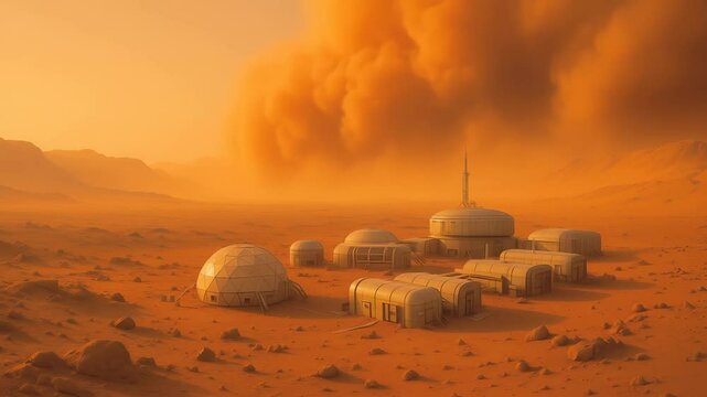 Modular habitat complex positioned on rocky orange Martian landscape during intense dust storm with mountainous terrain in background