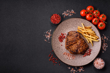 Meat, steak, beef tenderloin cooked on grill. Juicy steak as a food background