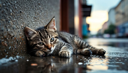 A homeless kitten got wet in the rain and lies near the wall of a house in the city. Generated by AI.