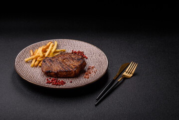 Meat, steak, beef tenderloin cooked on grill. Juicy steak as a food background