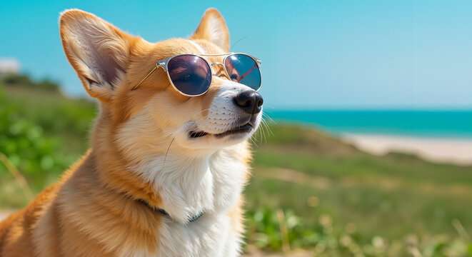 Cool corgi dog with sunglasses outdoors on a sunny day near the sea for greeting cards and pet merchandise