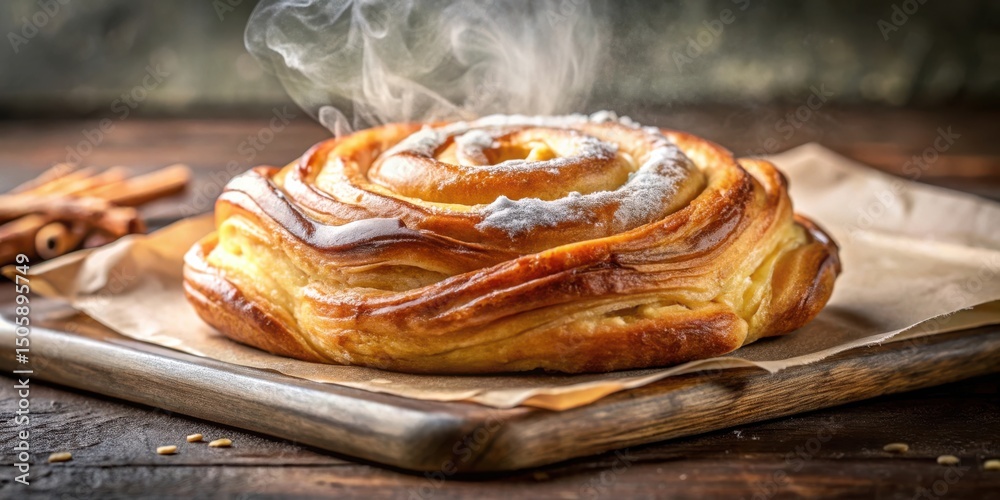 Poster a freshly baked pastry with a crispy crust and a sweet glaze, steaming with warmth on a rustic woode