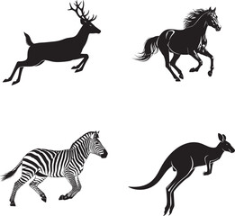 Powerful Galloping Horse Leaping Deer Energetic Striped Zebra Jumping Kangaroo with Flying Mane Silhouette
