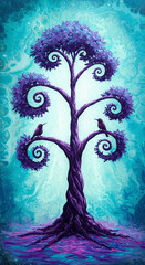 Vibrant Purple Tree with Curly Branches & Two Birds on Blue Abstract Background - Nature Art