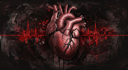 Anatomical Heart Illustration with Music Notes & Electrocardiogram - Rhythm of Life Concept
