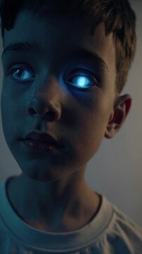Enfant au regard surnaturel avec des yeux lumineux bleus dans une lumi&egrave;re tamis&eacute;e


