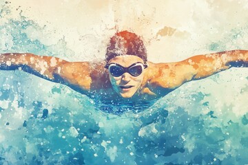 A watercolor-style depiction of a swimmer emerging from the water, with splashes blending seamlessly into the background.