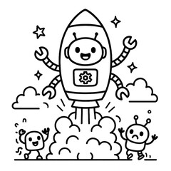 A playful and colorful robot-themed children&rsquo;s coloring book cover. The background is a light blue sky with gears, bolts, stars, and circuits floating around