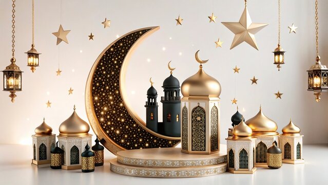 Photo Eid al ahah Moon and Bokeh islamic ramadan eid mubarak kareem mosque background	