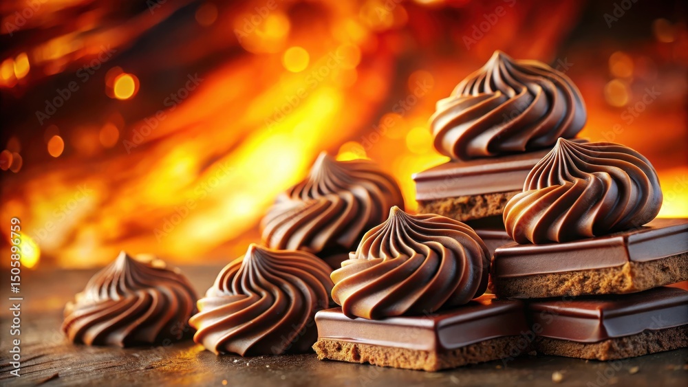 Poster gourmet chocolate swirls arranged on a wooden surface, bathed in warm, ambient light, creating a tem