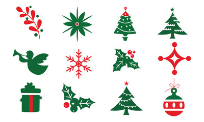 Christmas elements set icons design. Christmas collection of bells, Santa, deer, angel, nutcracker, cookies, showman, snowstorm, drums, mitten, candy