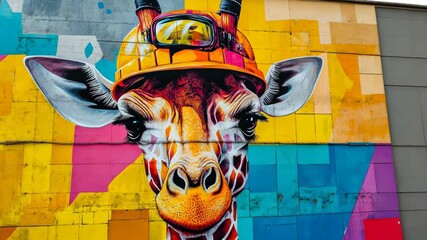 Vibrant giraffe mural art on urban wall showcasing colorful expression in dynamic street scene - Powered by Adobe