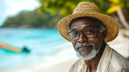 Portrait of a smiling senior man wearing a straw hat and glasses by the sea.