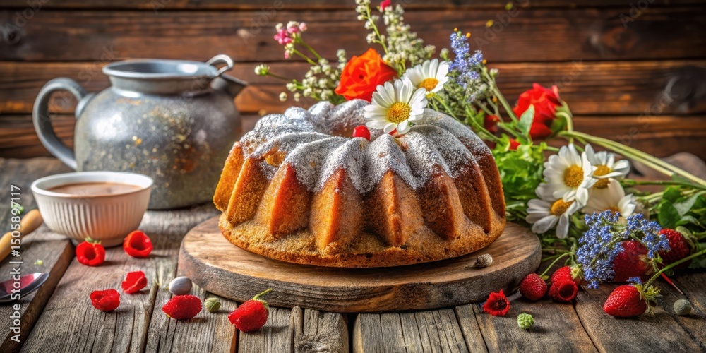 Poster a homemade bundt cake decorated with powdered sugar and surrounded by springtime flowers on a rustic