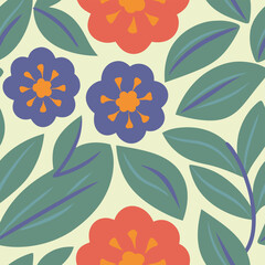 Colorful floral seamless pattern featuring stylized flowers and leaves in vibrant shades on a light background.