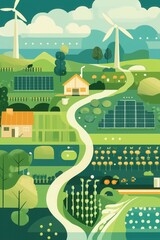 Fototapeta premium Illustration showing interconnected elements of eco-friendly agriculture, including wind turbines, solar panels, organic crops, and irrigation systems.