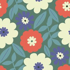 Colorful floral seamless pattern of abstract flowers and leaves in a vintage style for print