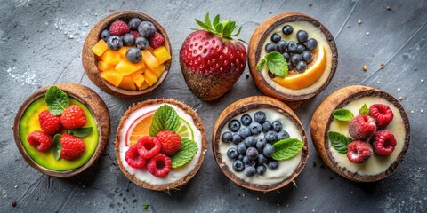 A variety of fresh fruits and yogurt served in halved coconut shells, a healthy and delicious summer treat
