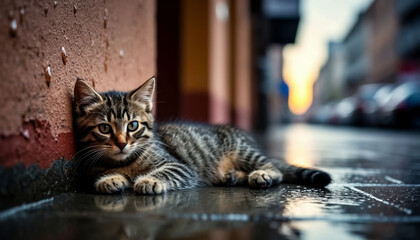 A homeless kitten got wet in the rain and lies near the wall of a house in the city. Generated by AI.