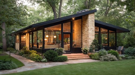 Modern Residential Architecture Showcases Glass and Brick Design in a Tranquil Suburban Setting.