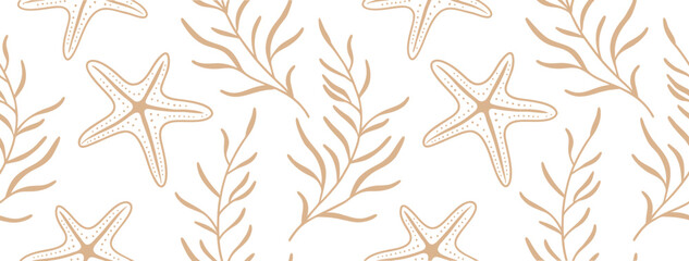 Seamless hand-drawn pattern with starfish and seaweed in warm beige on white. Coastal marine-inspired design ideal for beach-themed projects, fabrics, wallpapers, or summer packaging.