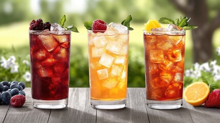 Three colorful drinks filled with fruit rest on a sunny table, surrounded by greenery, inviting warmth and relaxation