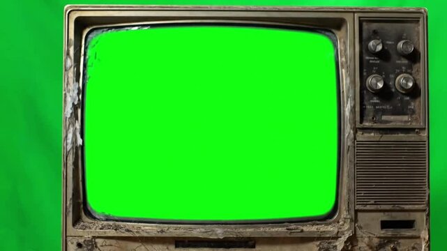 Vintage television with green screen and hand reaching out, perfect for adding your own content and graphics