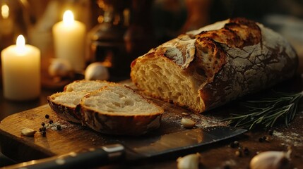 Freshly Baked Artisan Bread with Garlic and Herbs on Wooden Board