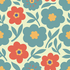 Seamless floral pattern with stylized blue and red flowers and green leaves on a cream background
