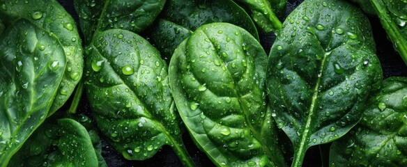 Fototapeta premium The Fresh Green Spinach Leaves Covered in Water Droplets