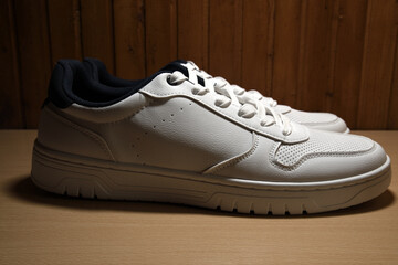 Side view extreme macro photography of brand new white sneakers on yellow wooden shelf