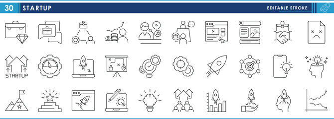 A set of line icons related to Startup. Business, connection, rocket, starting, growth, inspired, efficient, and so on. Vector editable stroke.