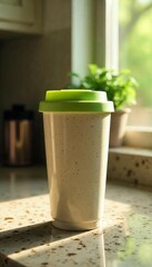 Reusable Coffee Cup with Green Lid on Kitchen Countertop Sustainable Lifestyle and Eco Friendly Living Concept Morning Light