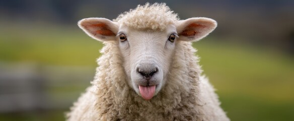 Naklejka premium The adorable sheep sticking out its tongue in a serene rural setting.