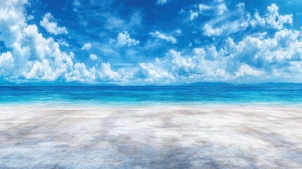 Fototapeta premium Empty concrete platform overlooking a vast blue ocean under a vibrant sky