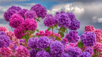 Obraz premium Vibrant Hydrangea Garden in Full Bloom Showcasing Purple and Pink