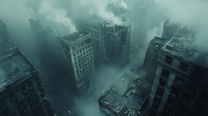 Ruined city aerial view fog