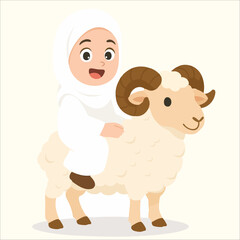 Adorable illustration of a young Muslim girl wearing a hijab, happily riding a sheep. Perfect for Eid Al-Adha designs, children's books, and Islamic educational materials.