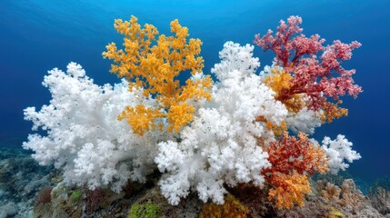 Vibrant coral reef showcasing diverse shapes and colors captured in natural light on a tropical island with incredible detail