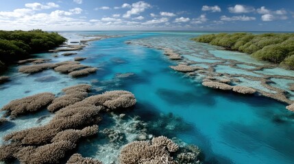 Stunning aerial view of the Great Barrier Reef in Australia showcasing vibrant coral formations and crystal-clear waters