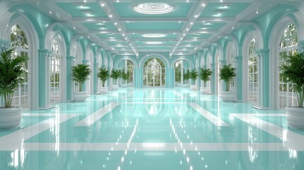Elegant teal-toned interior hall, lush greenery