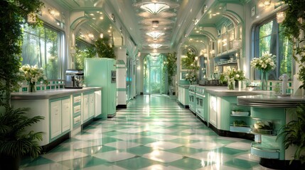 Elegant mint green kitchen with sunlit windows. Lush greenery, vintage style