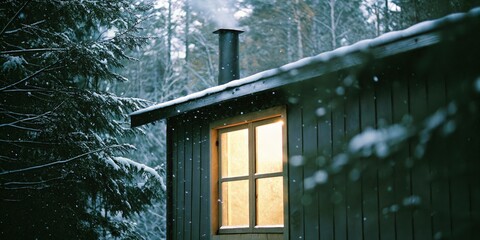 Illuminated Cabin Window in Snowy Forest